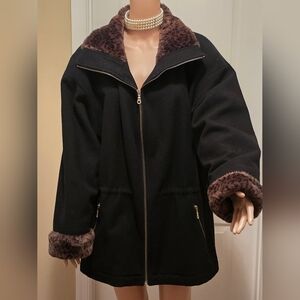 Braetan Black Wool Jacket with Rich Brown Animal Print Accents, Size 12